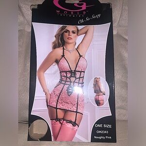 G World Intimates 3pc pink and black garter dress with thigh highs and panties